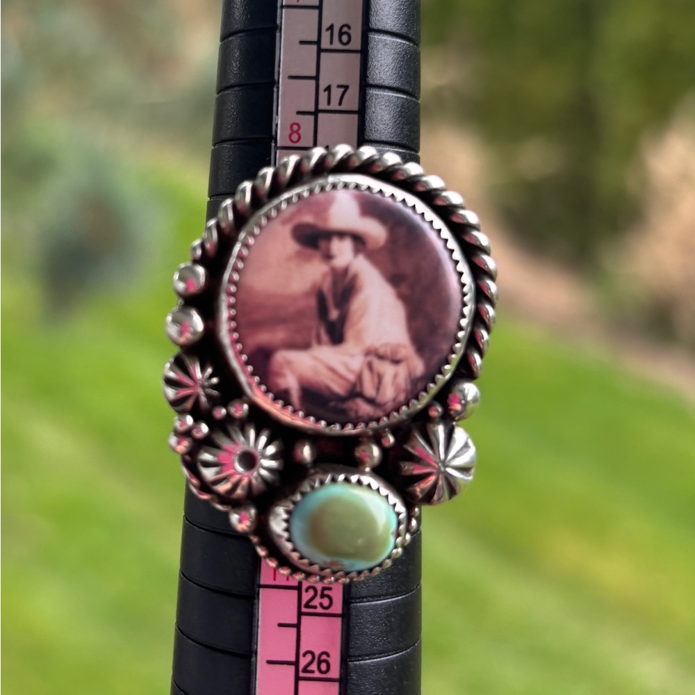 Sterling Silver Portrait and Turquoise Statement Ring - Brown